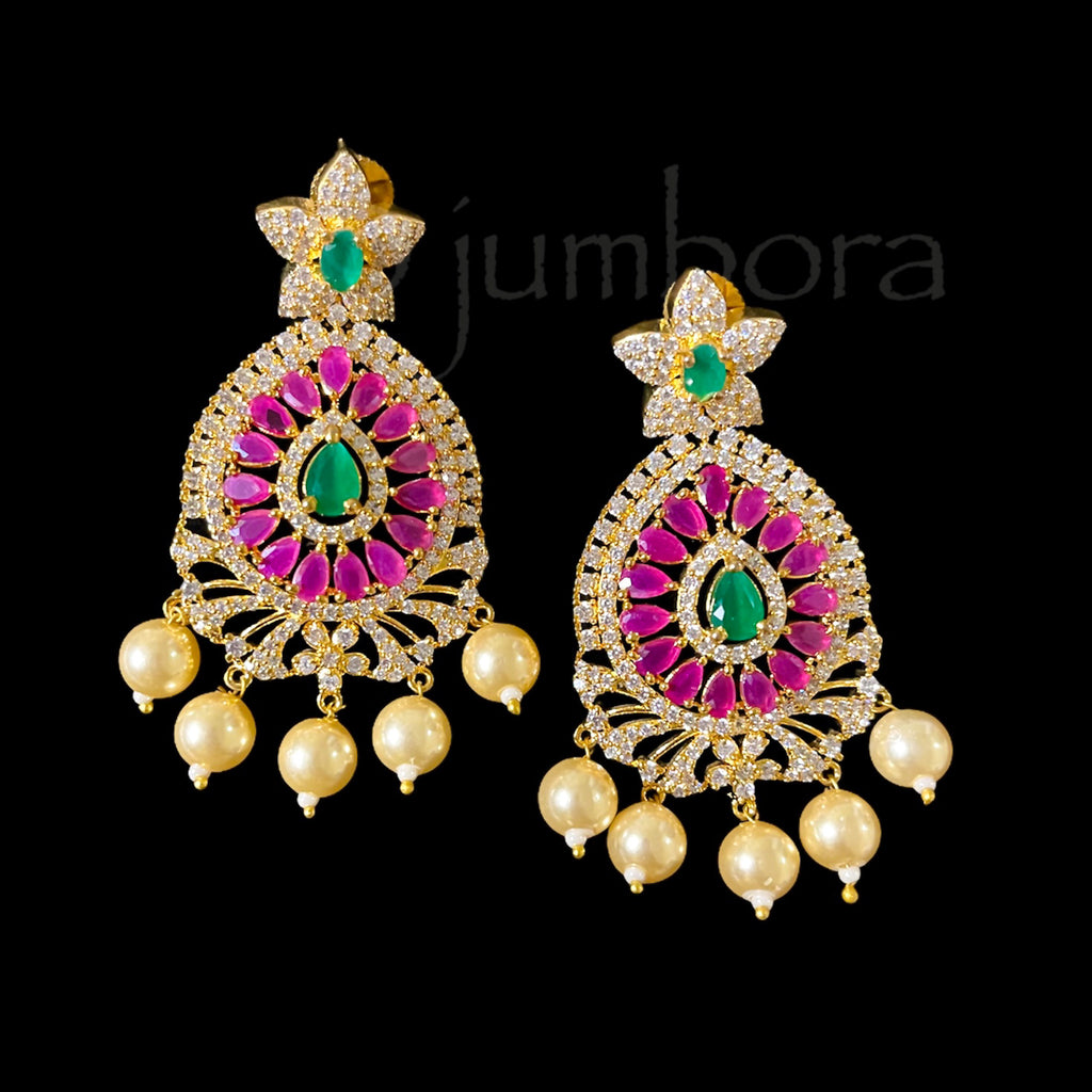 Ruby Red & Green Zircon AD (CZ) Earring with Pearls
