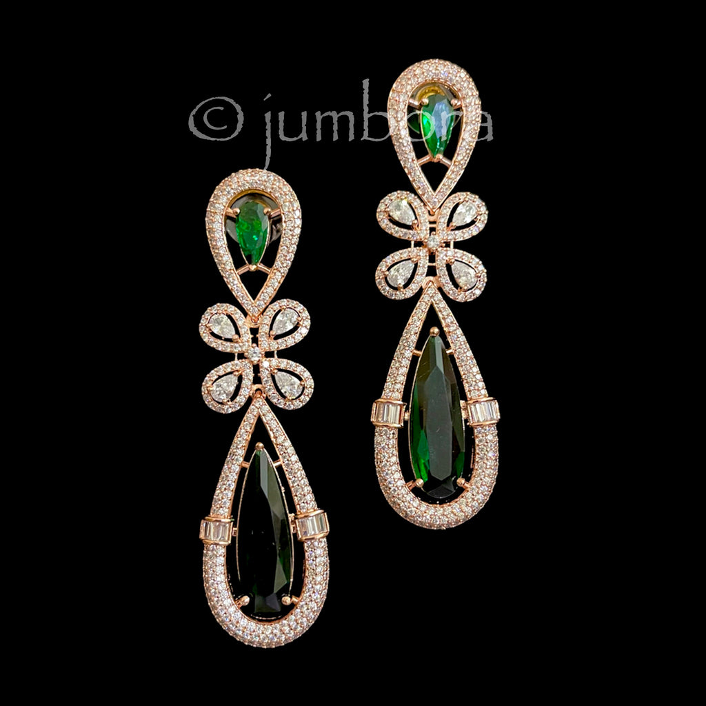 Emerald Green Rose gold Long AD Zircon (CZ) Earrings
