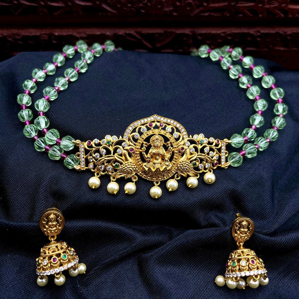 Lakshmi Matte Gold Green Pumpkin Beads Handmade Choker Set