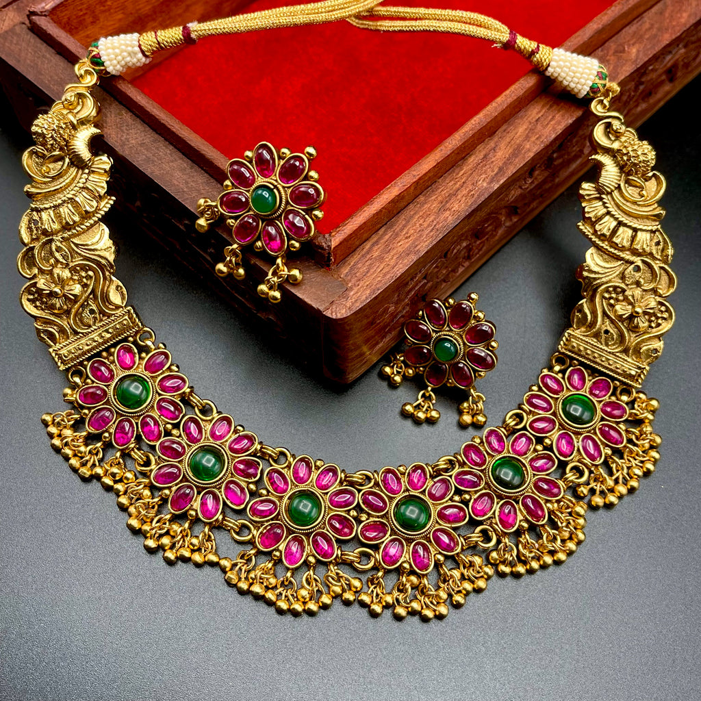 Nakshi Real Kempu stone Antique Gold Necklace set