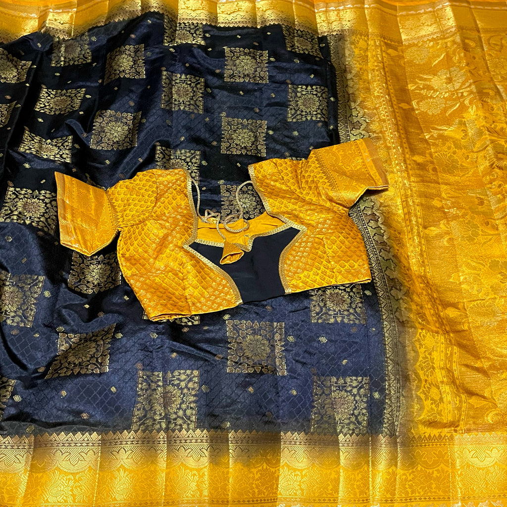 Black & Yellow South Tusser Silk Saree with Blouse