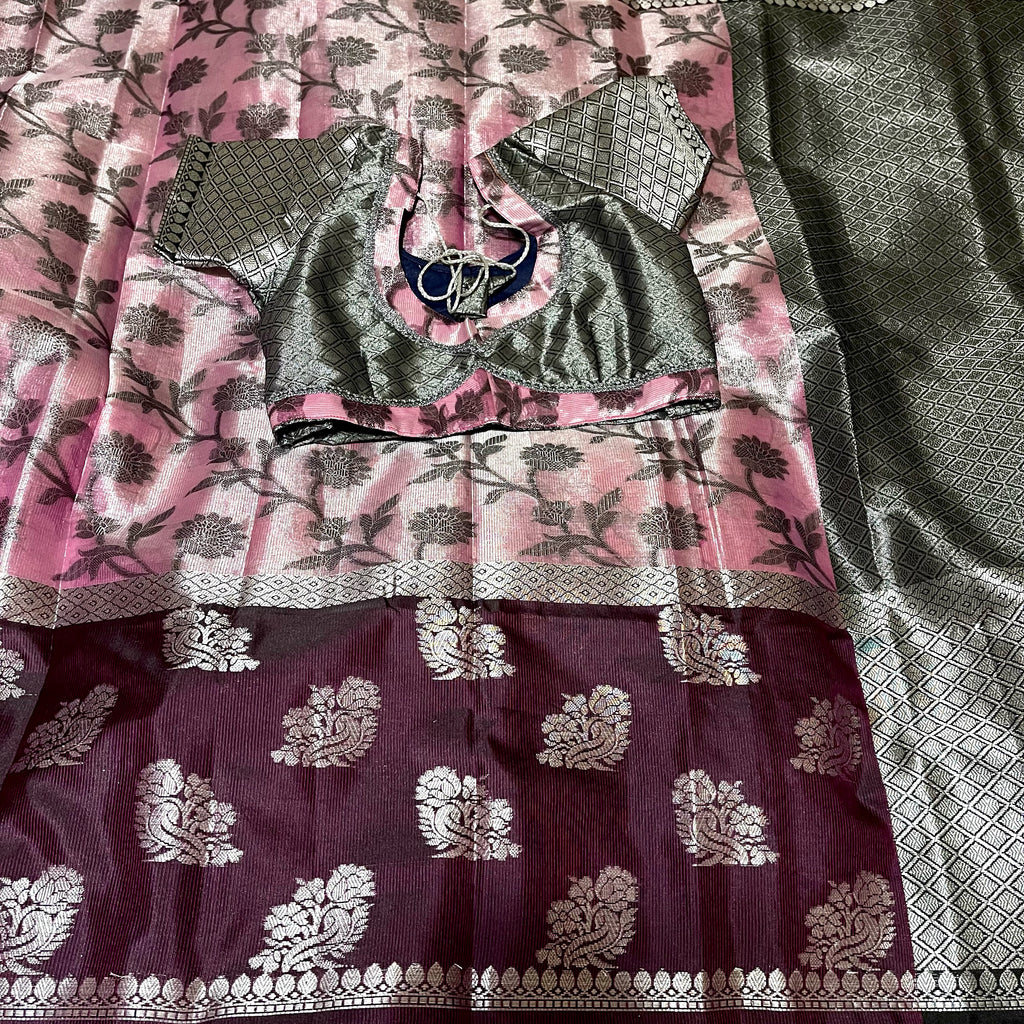Designer Purple Pink & Black Silver Zari Banarasi Tissue Silk Saree with stitched Blouse
