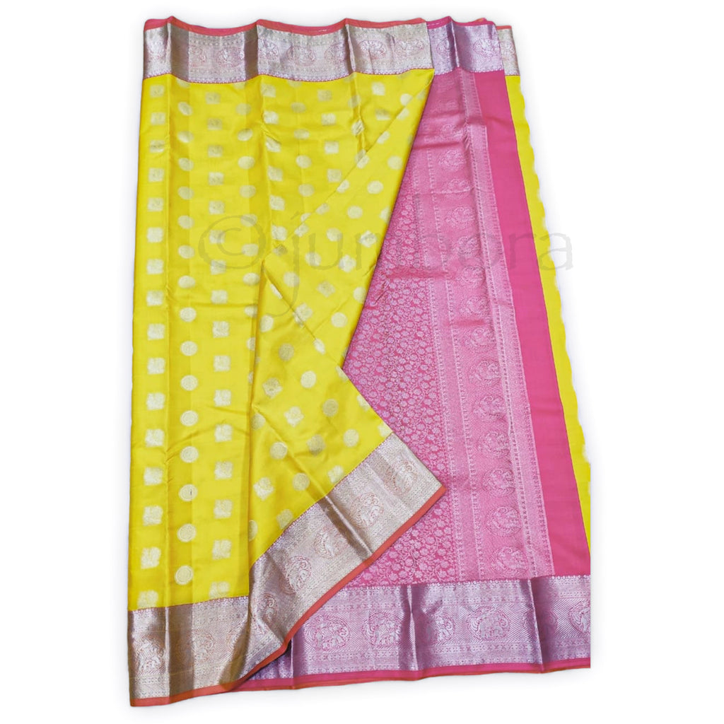 Kanchipuram Pure Silk Handloom Saree in Yellow and Silver Zari