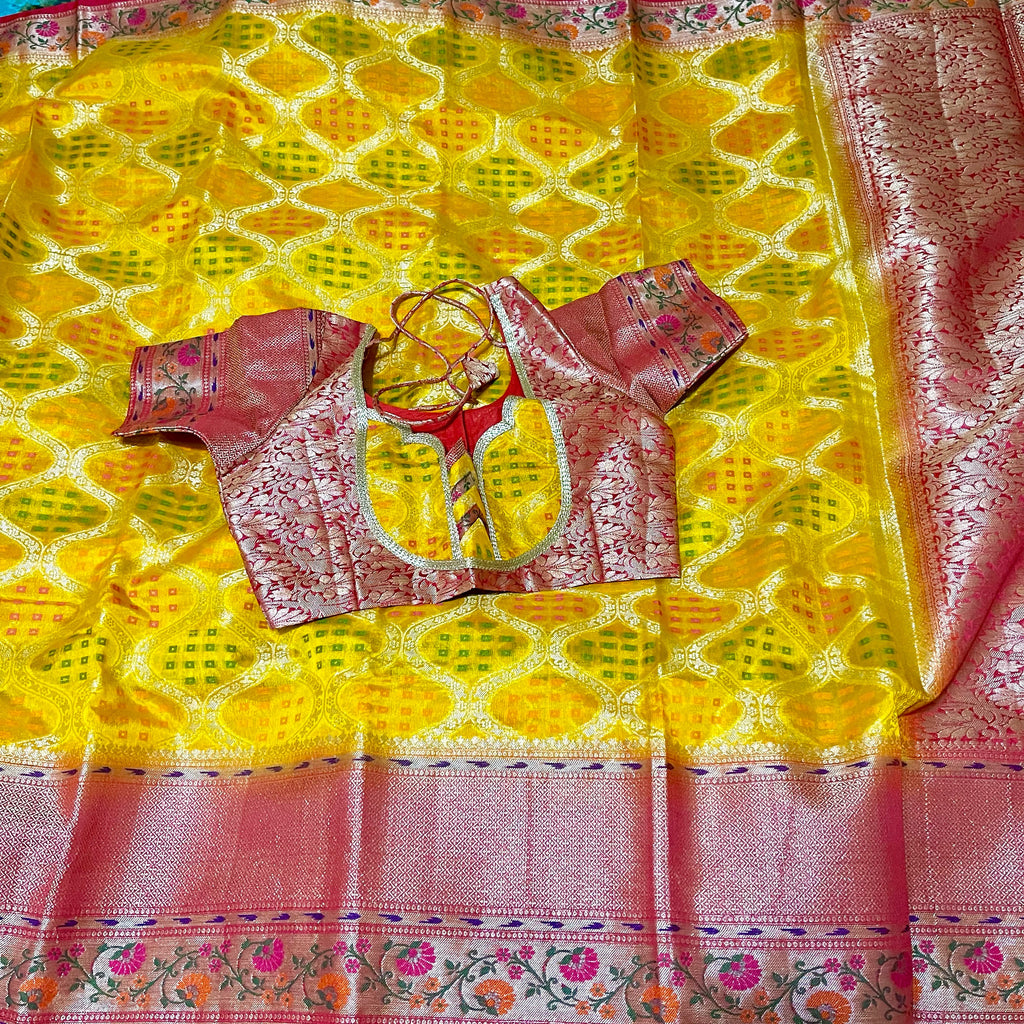 Mustard Yellow & Red Dupion silk with Paithani style border & stitched blouse