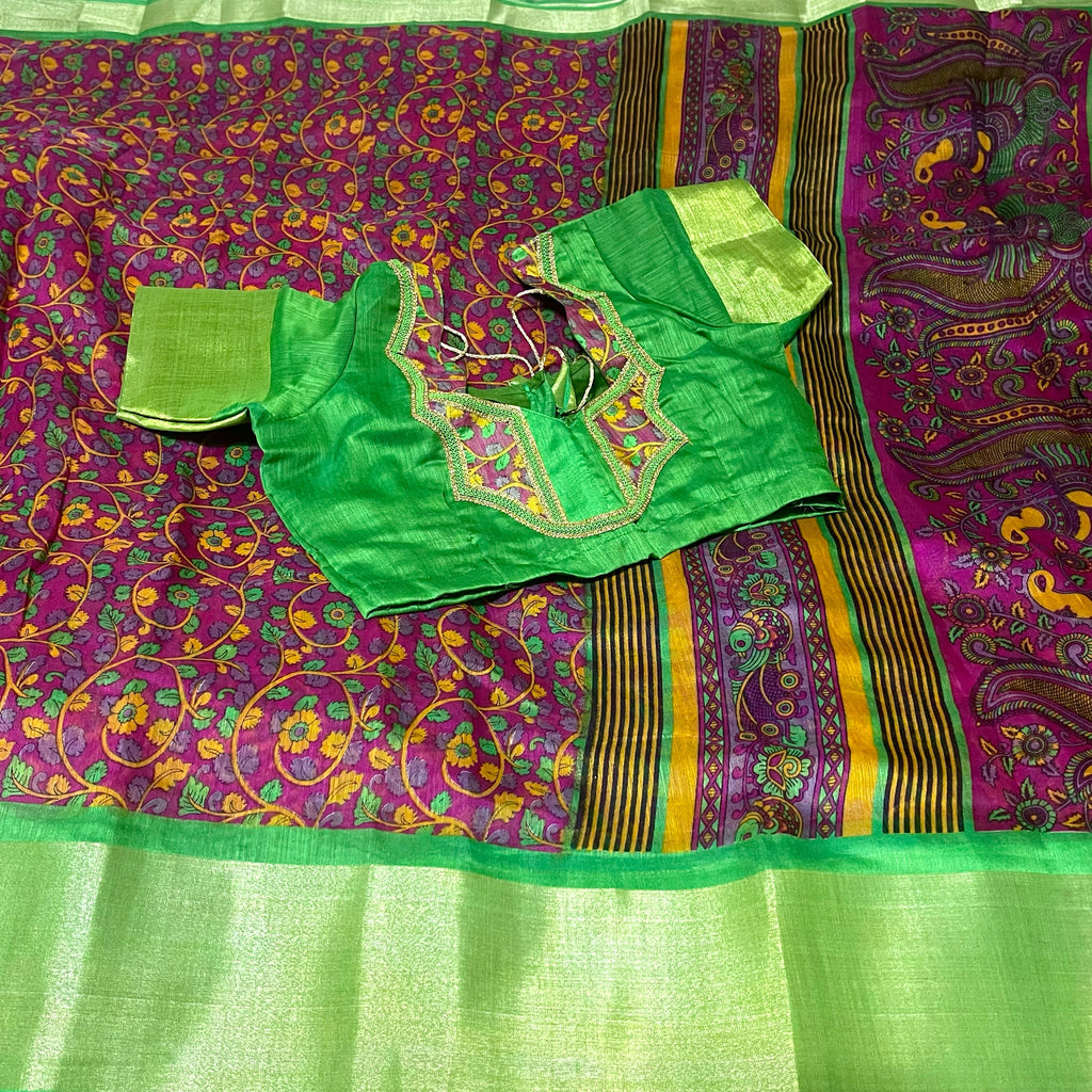 Pink & Green Soft Jute Cotton Kalamkari Saree with Stitched Blouse