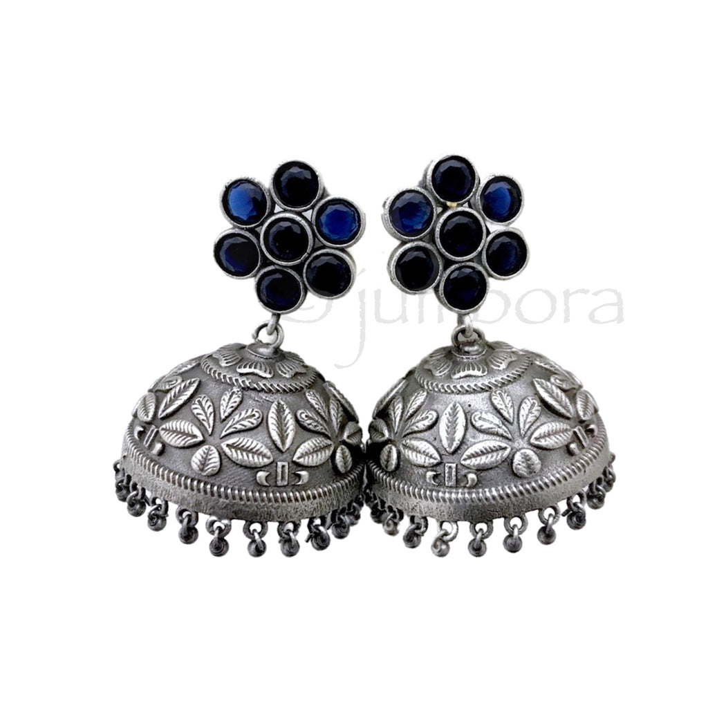 Sapphire Blue Silver Finish Big Size Oxidized (German) Silver Jhumka