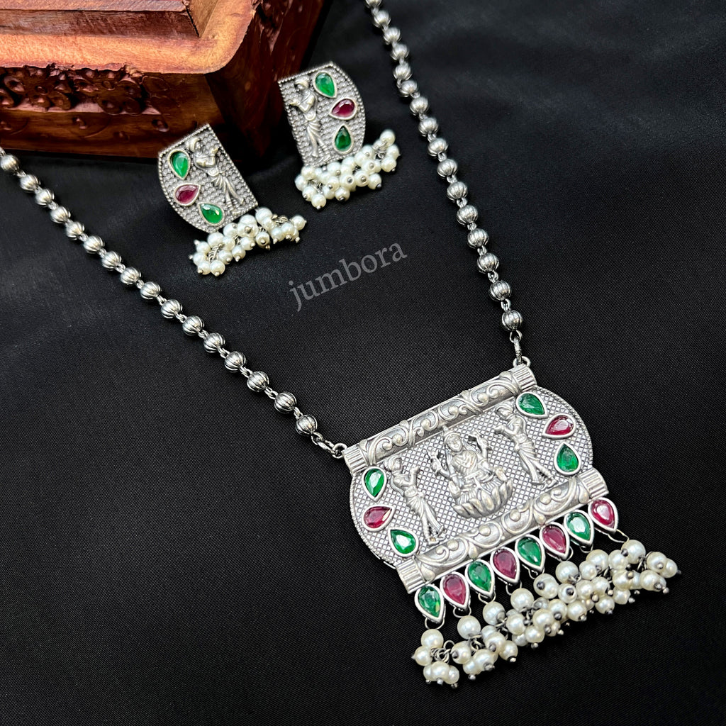 Lakshmi German Silver Oxidized Mala Necklace Set