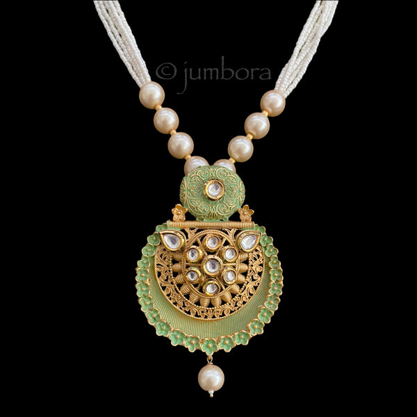 Hand-painted Mint Green Kundan Pearl Necklace
