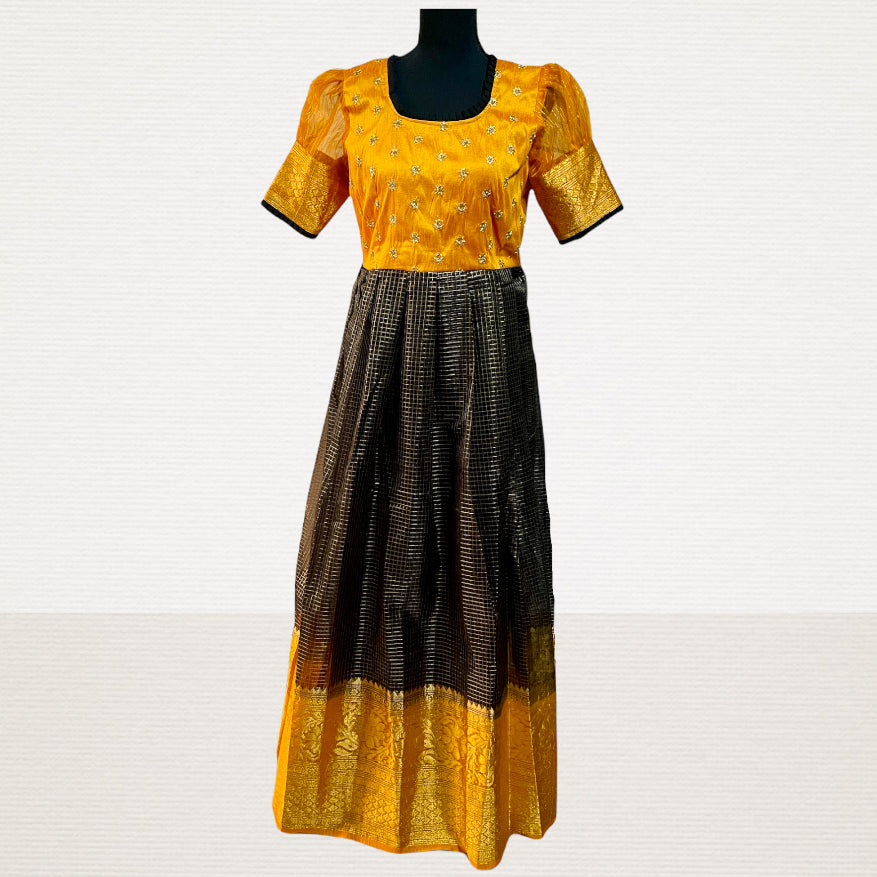 Designer Mustard Yellow & Black Banarasi Organza Long Gown Dress