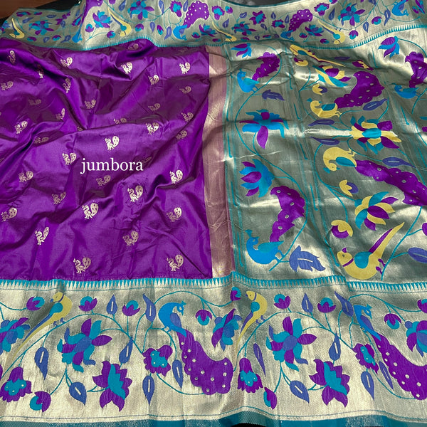 Purple Semi Katan Paithani silk saree with stitched blouse