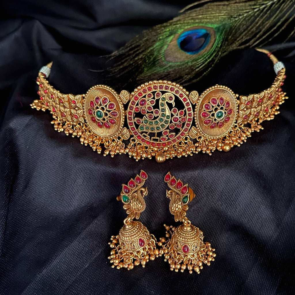 Traditional Matte Gold Kempu Peacock Choker Style Necklace set