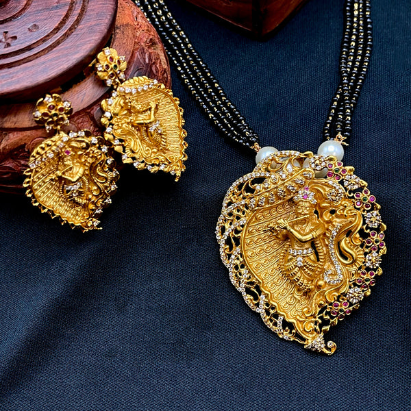 Matte Gold Leaf Krishna AD Mangalsutra Necklace Set