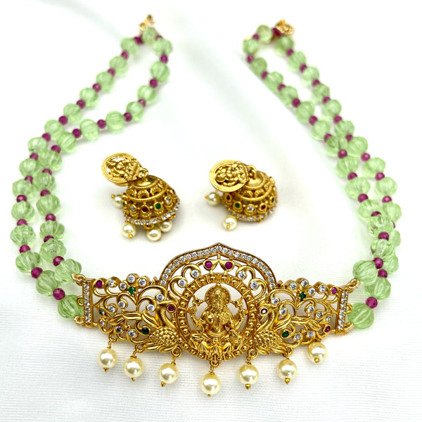 Lakshmi Matte Gold Green Pumpkin Beads Handmade Choker Set