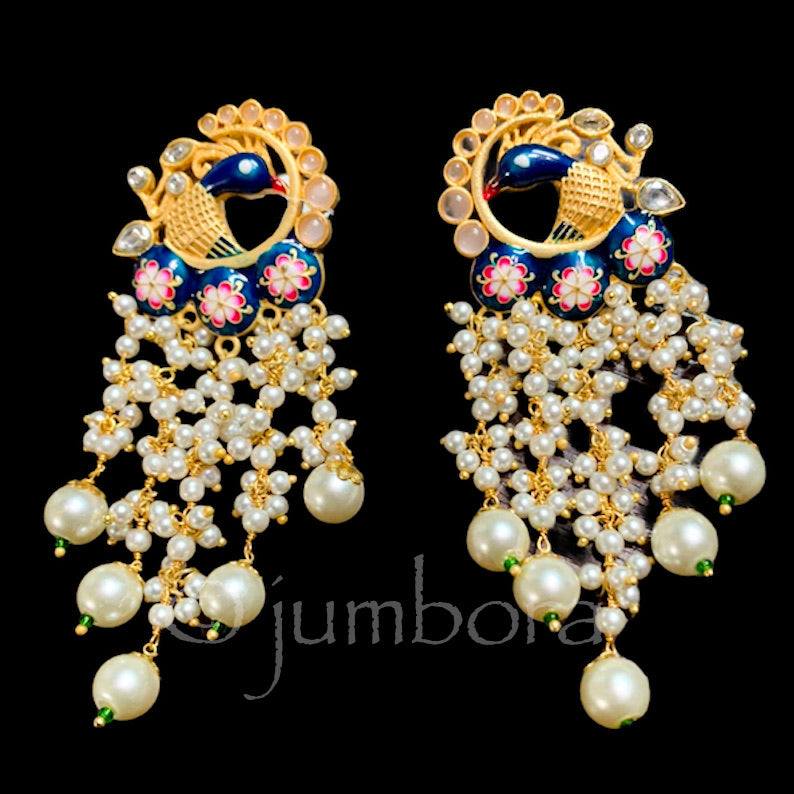 Amrapali Hand-Painted Peacock Earring with Pearls