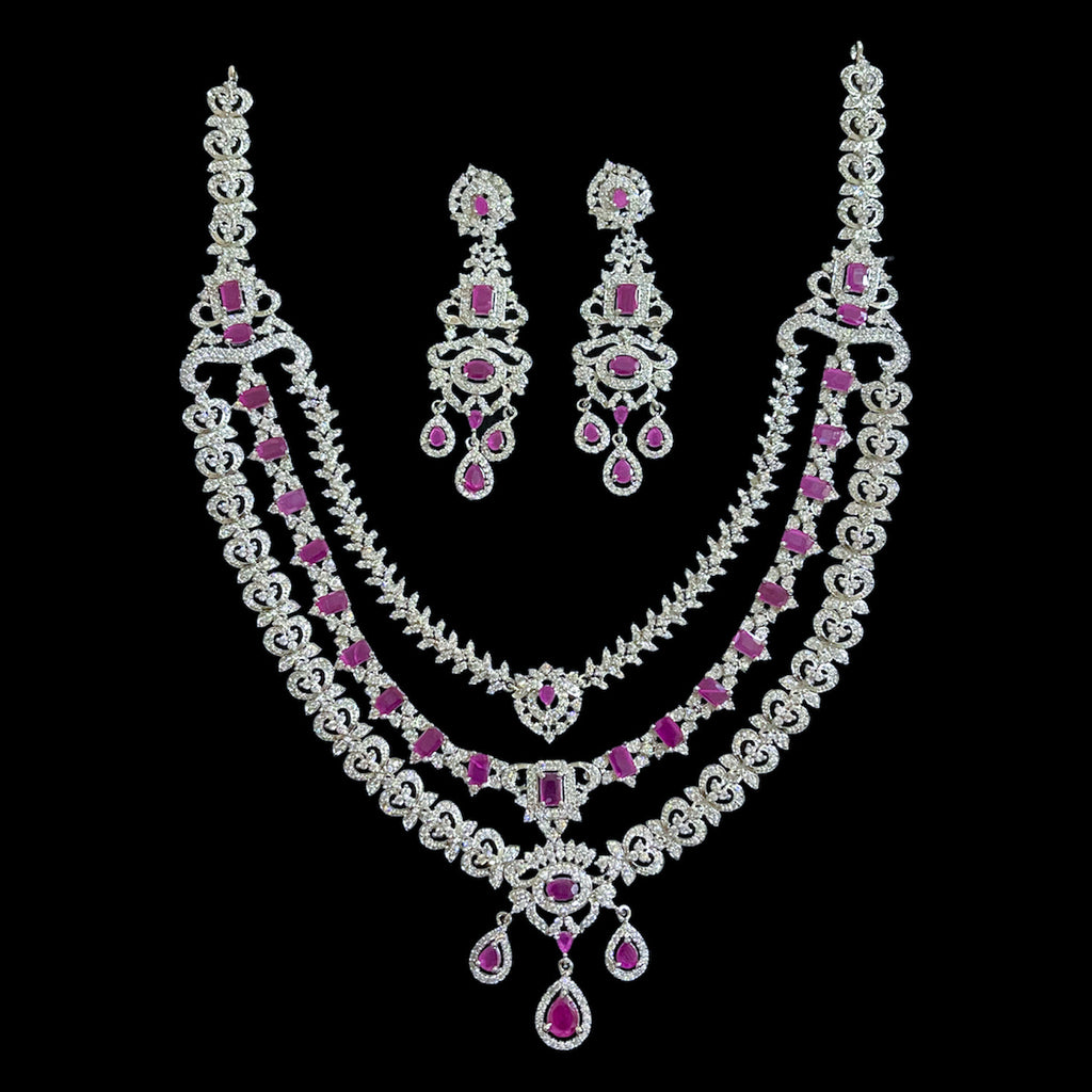 Bridal Triple Row AD Zircon (CZ) Long Necklace in Ruby Red and White Stone