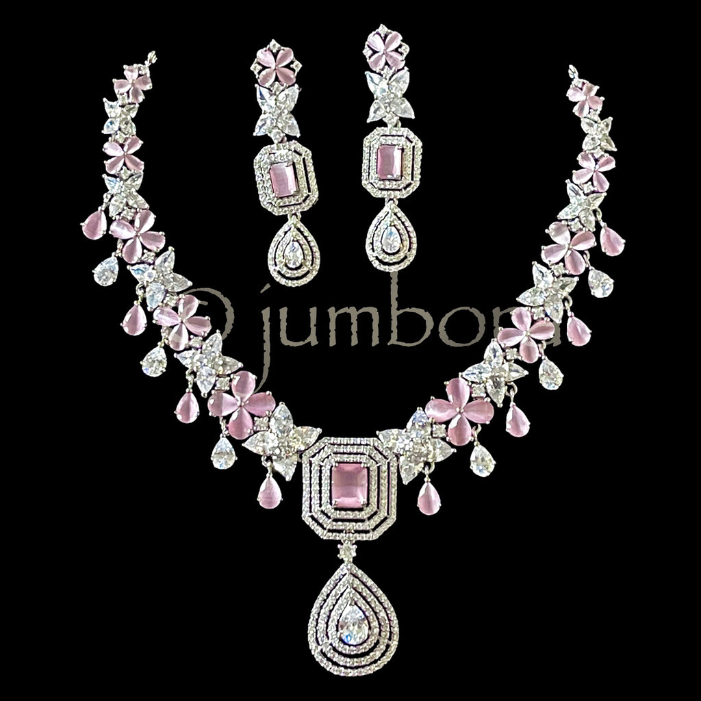 Statement White Gold Pink AD (Zircon) CZ Necklace Set