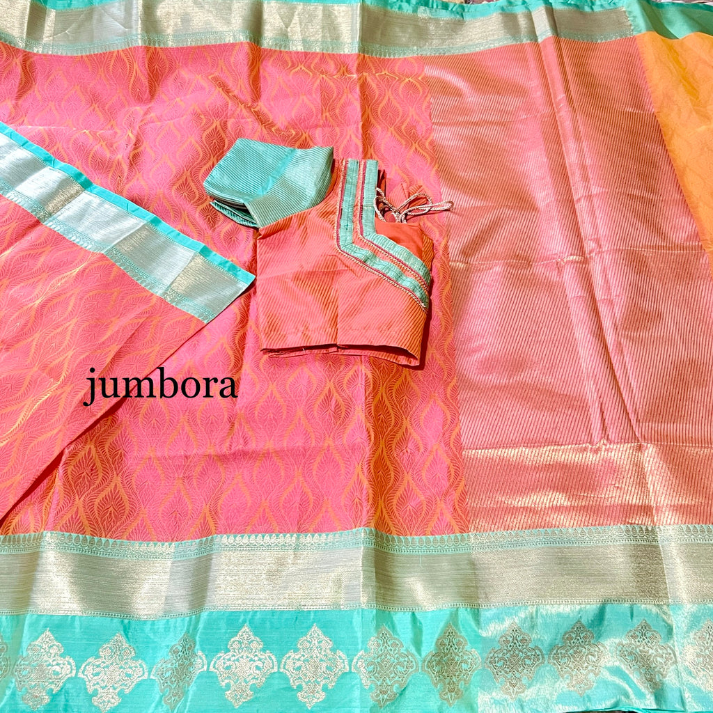 Pink & Mint Green Kora Tanchoi Silk Saree with Stitched Blouse
