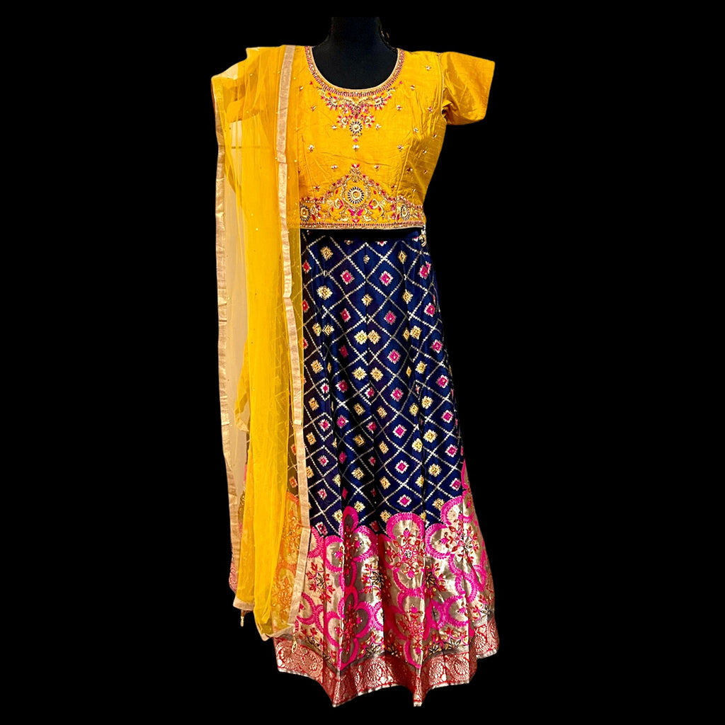 Mustard Yellow & Blue Banarasi Lehenga set