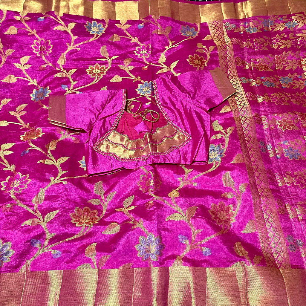 Pink South Tusser Silk Saree with stitched Blouse