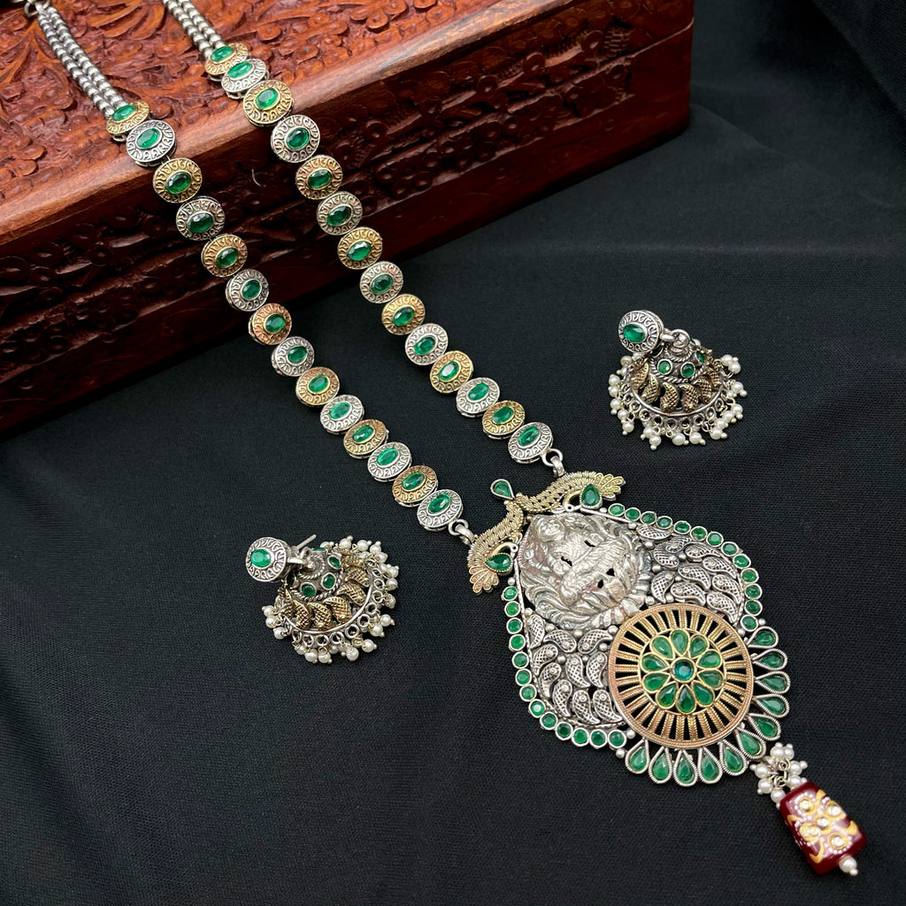 Premium Lakshmi Oxidized German Silver Necklace in AD Green stones