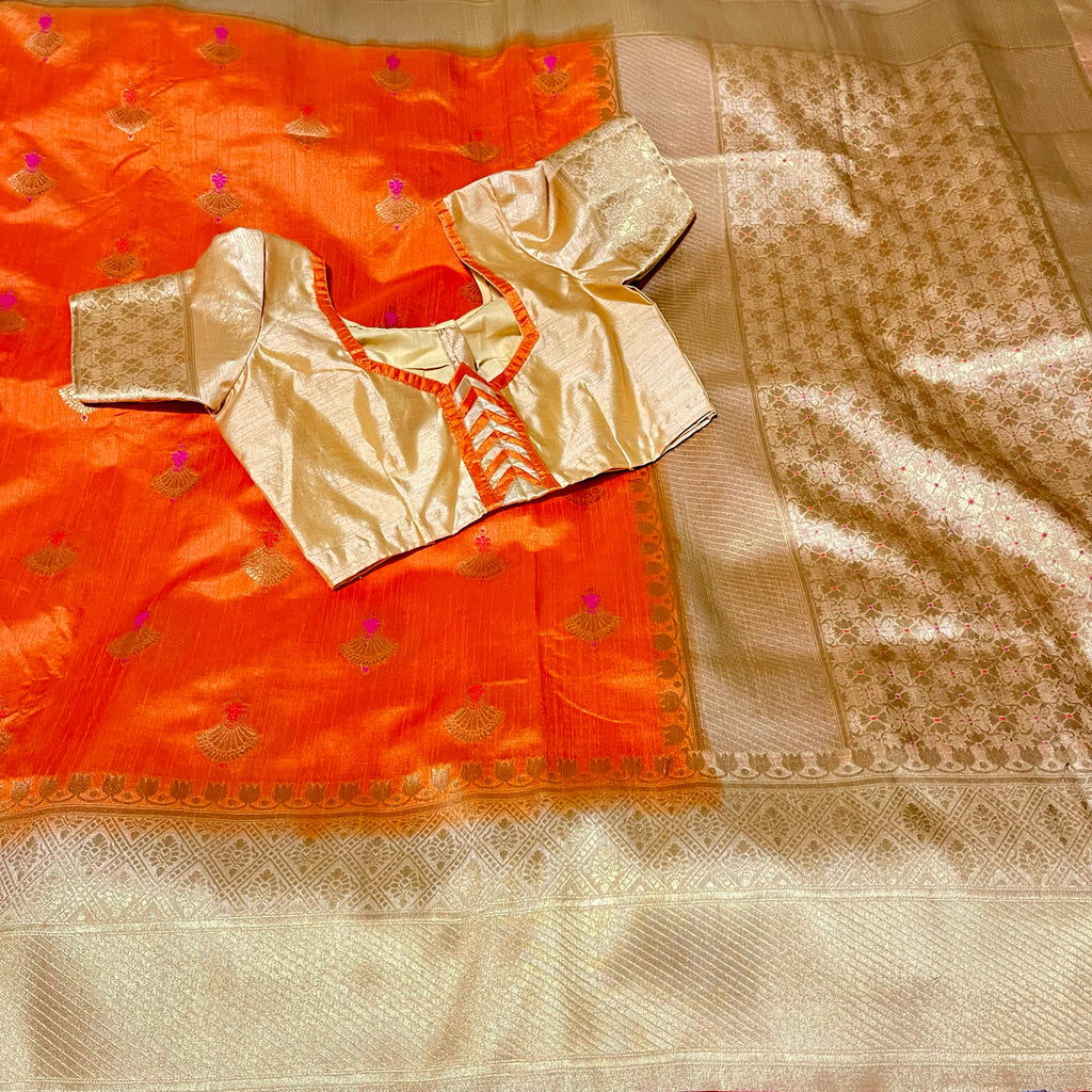 Orange and Gold Banarasi Jute silk saree with stitched Blouse