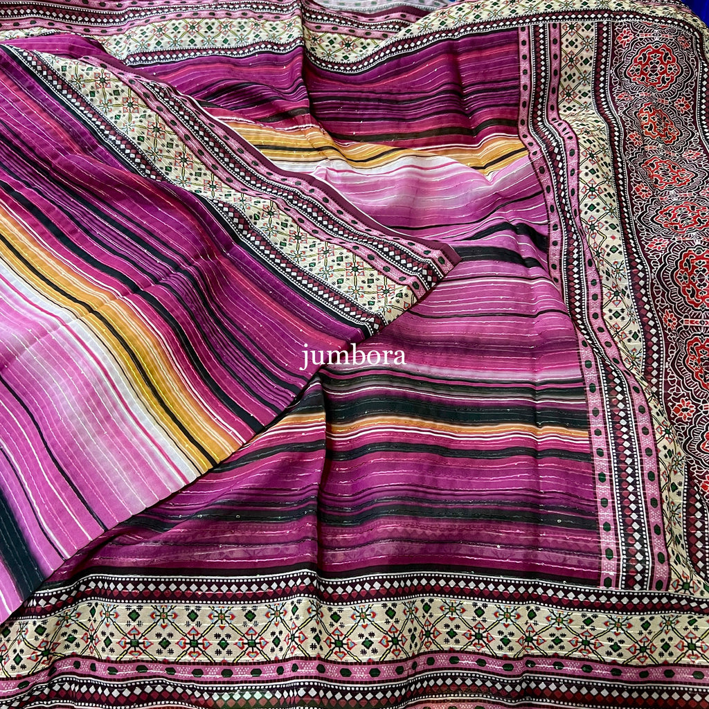 Purple & Black Sabyasachi inspired striped chiffon saree with stitched blouse