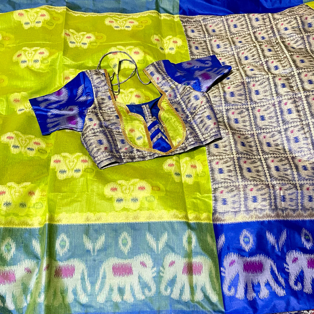 Light Green & Blue Ikkat Pochampalli soft cotton silk saree
