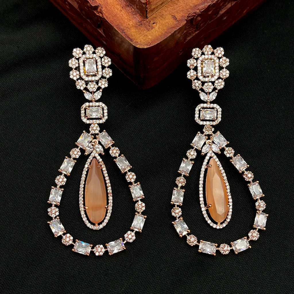 Statement Rose Gold Long White & Peach AD (CZ) Earring