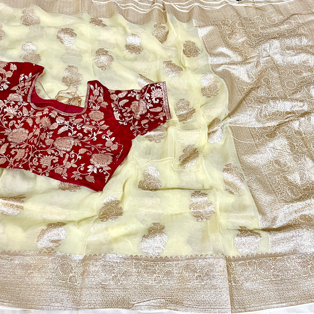 Light Pastel Yellow Banarasi Russian Georgette Silk Saree with stitched Blouse