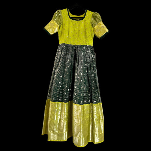 Designer Bottle Green Banarasi Organza Long Gown Dress
