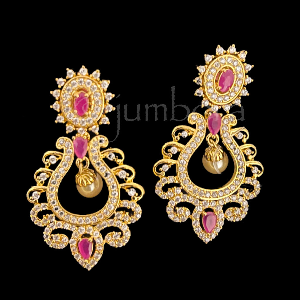 Zircon (AD) Chaandbali Earring with White and Ruby Red stones