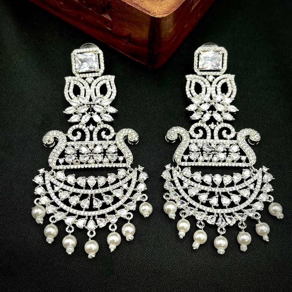 Statement Long White Gold AD Zircon (CZ) Earring