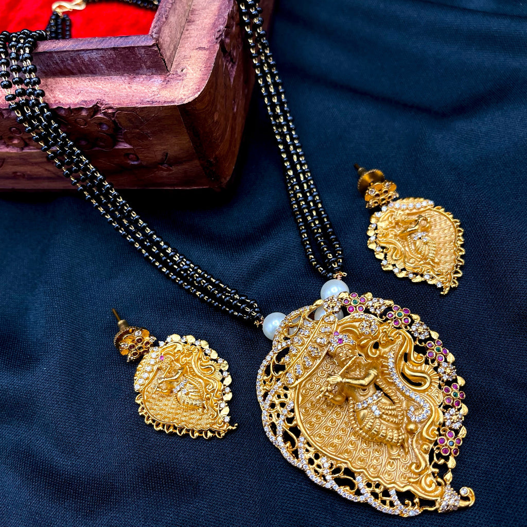 Matte Gold Leaf Krishna AD Mangalsutra Necklace Set