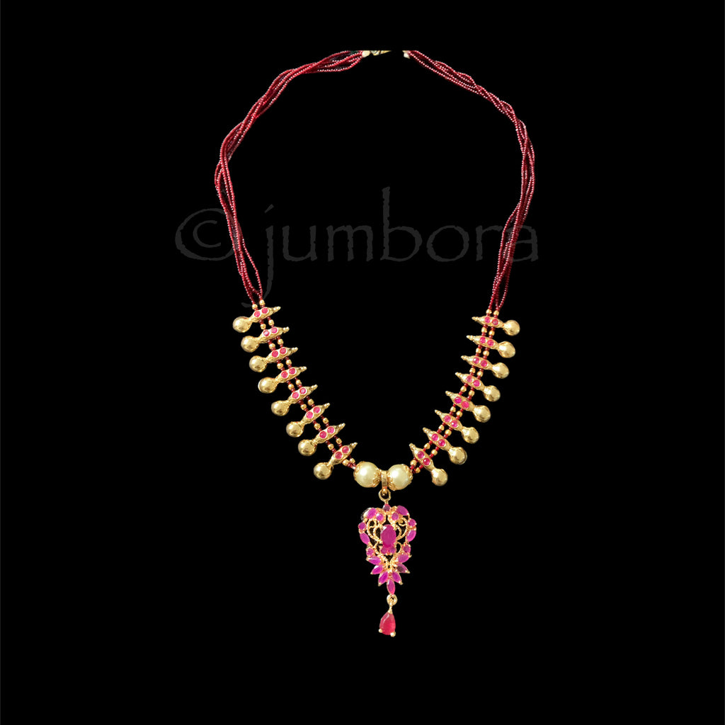 Ruby Red AD Pendant with Maroon Beads Addiga Necklace
