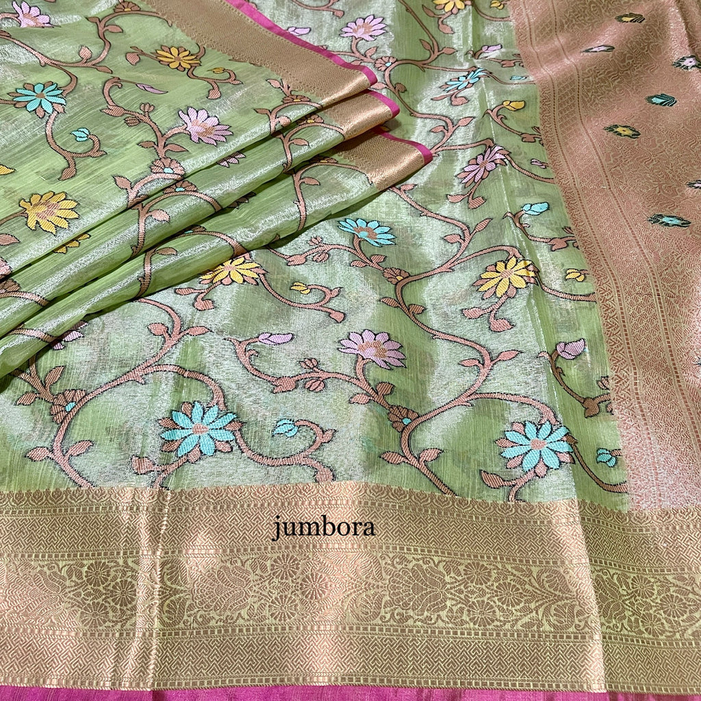 Mint Green Woven Embroidery Chanderi Tissue Silk Saree with Stitched blouse