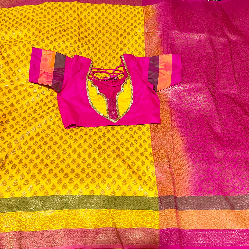 Mustard Yellow & Pink Handloom Banarasi Saree with Stitched Blouse