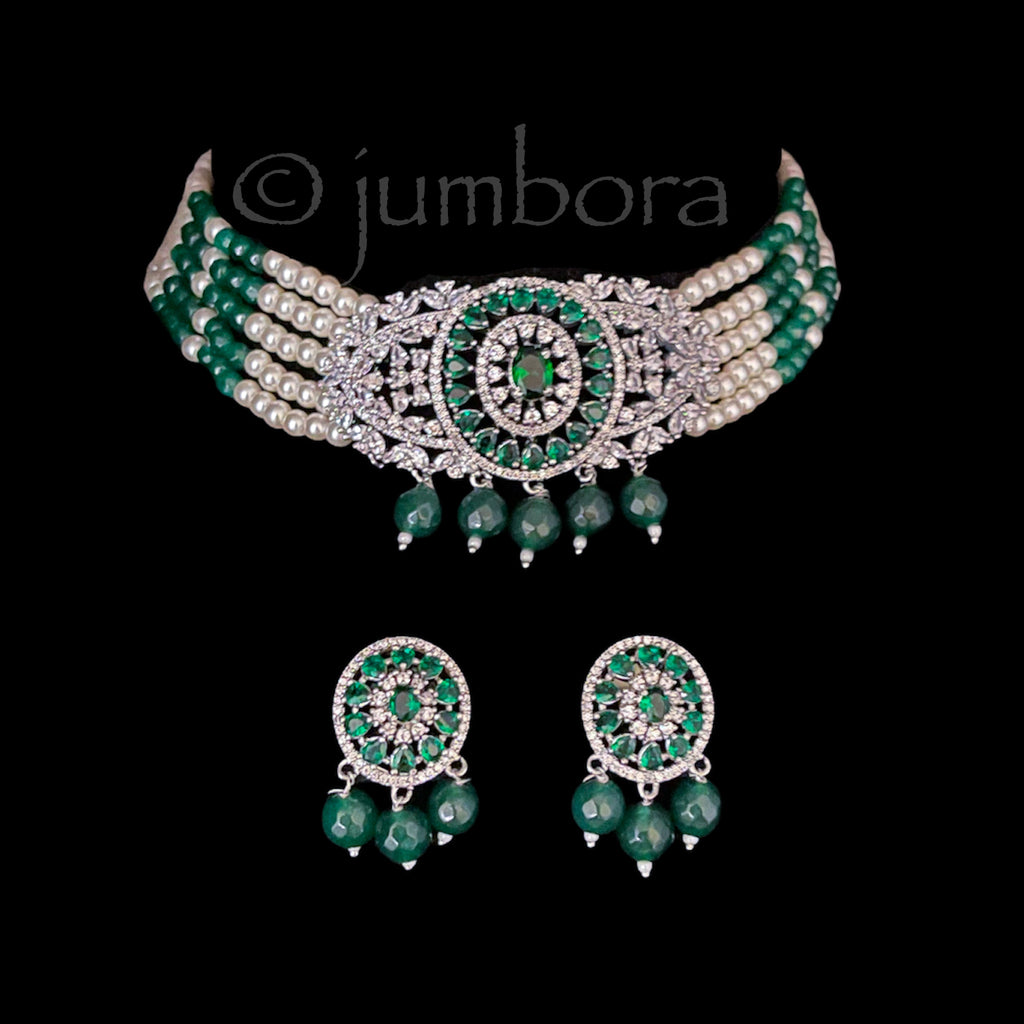 Emerald Green and Pearl AD Zircon (CZ) Choker-type Necklace set