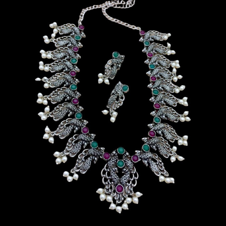 Oxidized German Silver Red & Green Peacock Necklace with Pearls