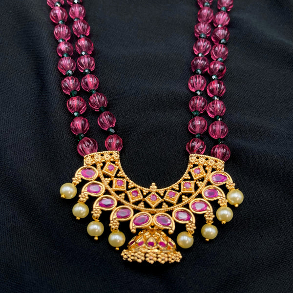 Ruby Pink Pumpkin Bead Mala Necklace Set