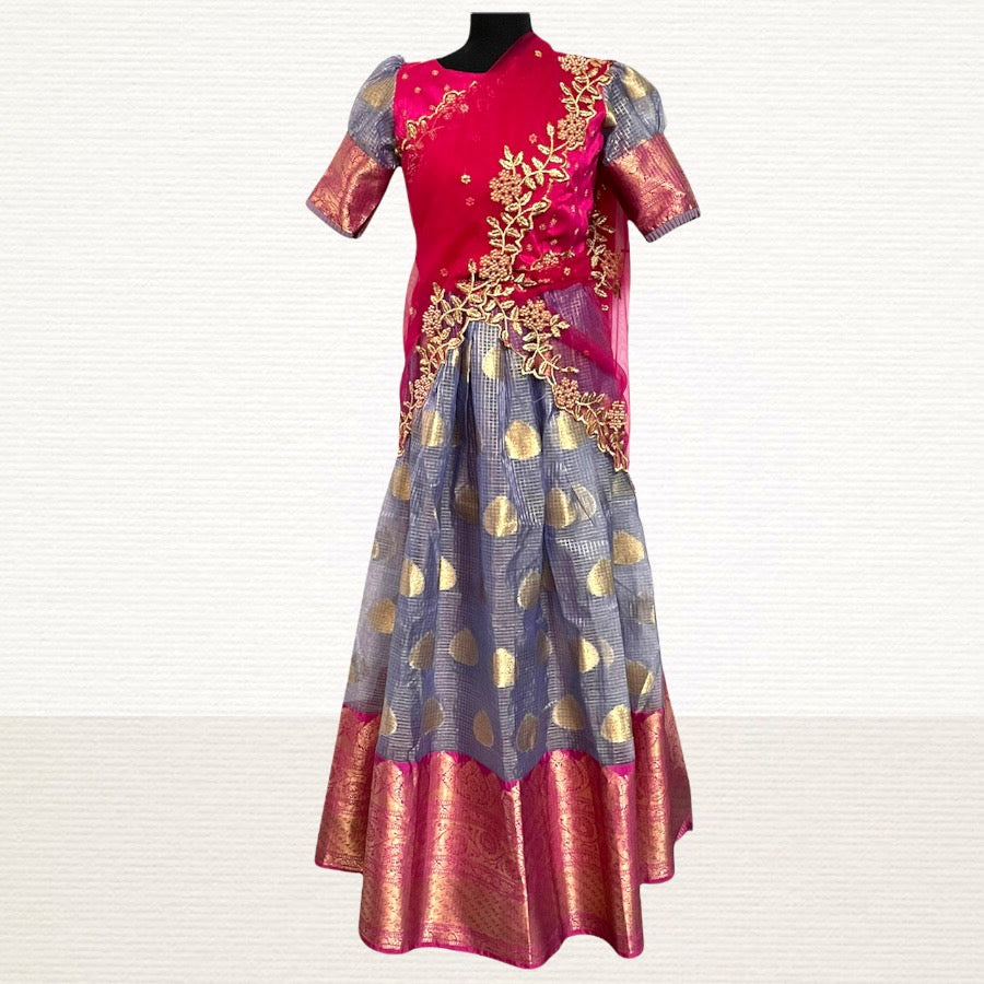 Grey & Pink Banarasi Organza Kanchi Lehenga, Half Saree Set