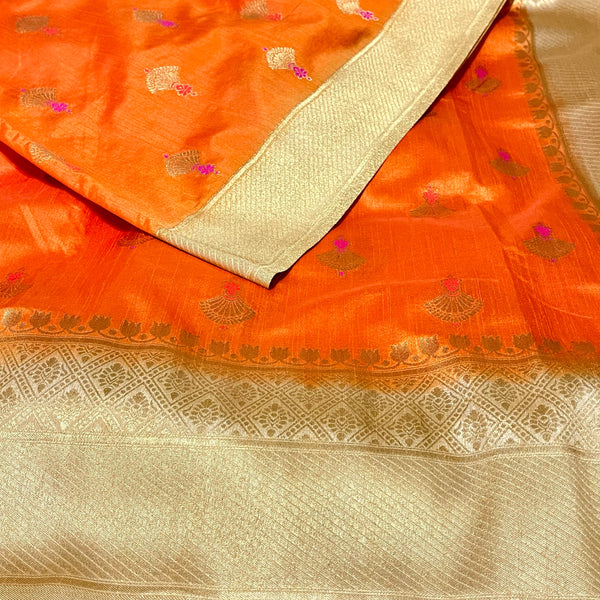 Orange and Gold Banarasi Jute silk saree with stitched Blouse