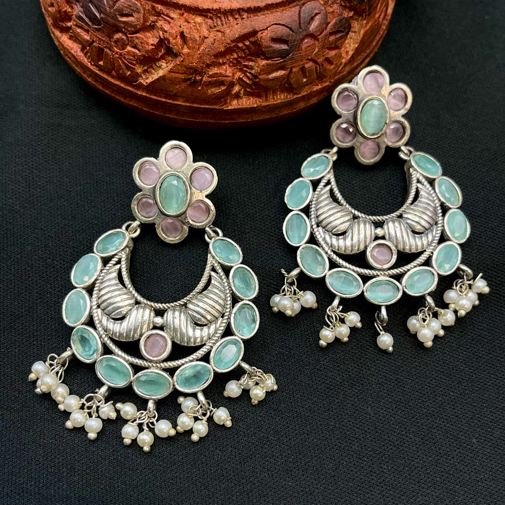 Oxidized German Silver Mint Green & Pink Chand Bali Earring