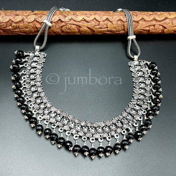 Oxidized German Silver Necklace with Black Beads