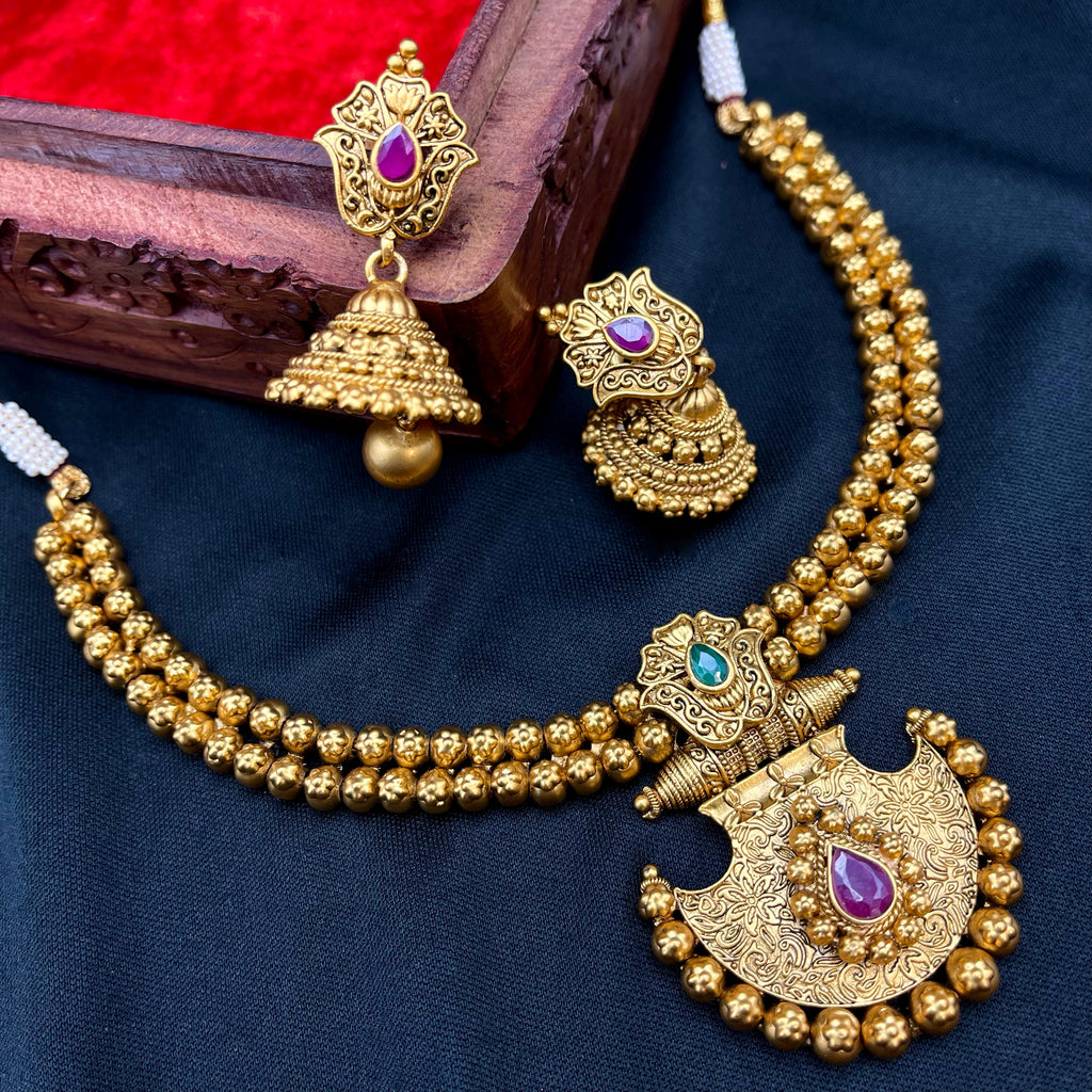 Rajwadi Gold Alike Statement Antique Gold Necklace & Jhumka