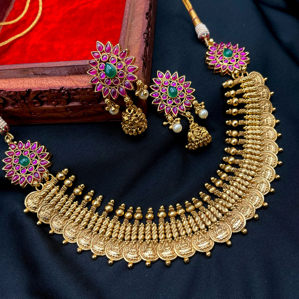 Lakshmi coin Antique Gold Real Kemp Necklace Temple Jewelry set with Jhumka