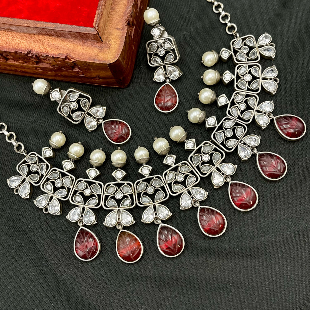 Statement Oxidized German Silver AD Necklace with Carved Stone