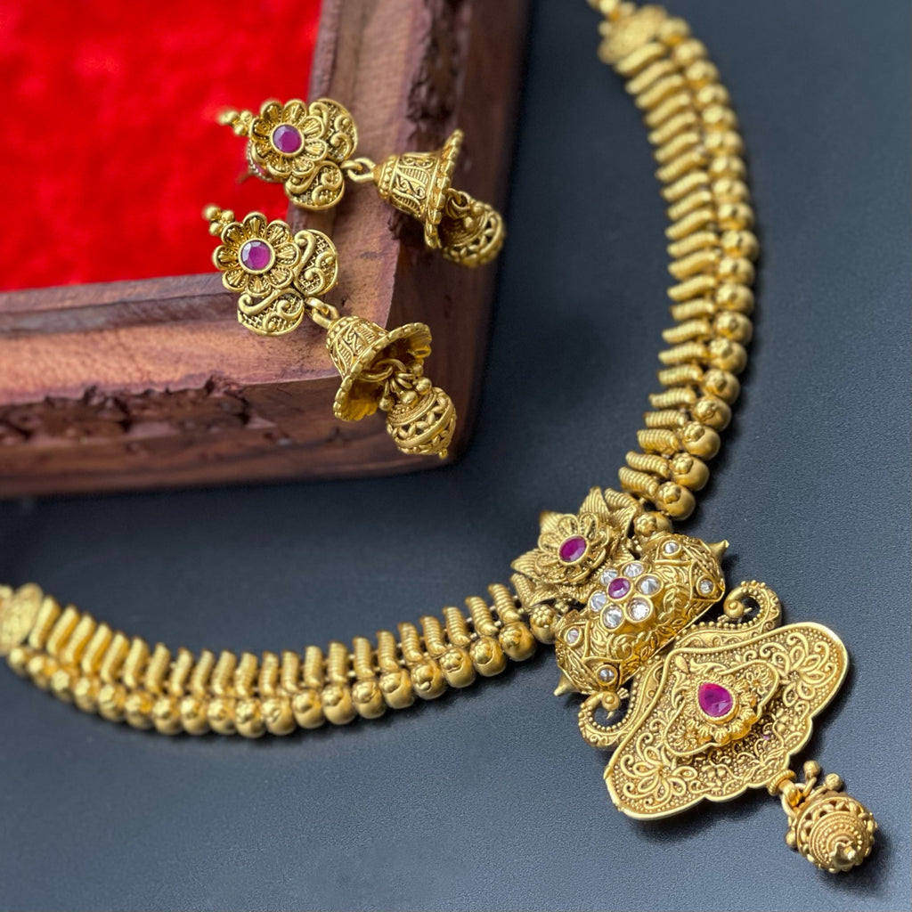 Royal Gold Alike Antique Gold Necklace with jhumka