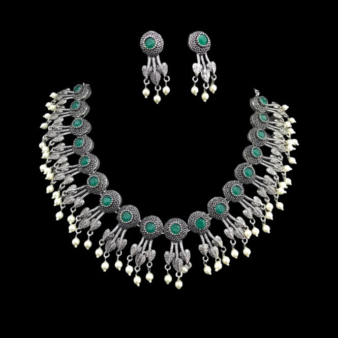 Green & Pearl Oxidized German Silver Necklace Set