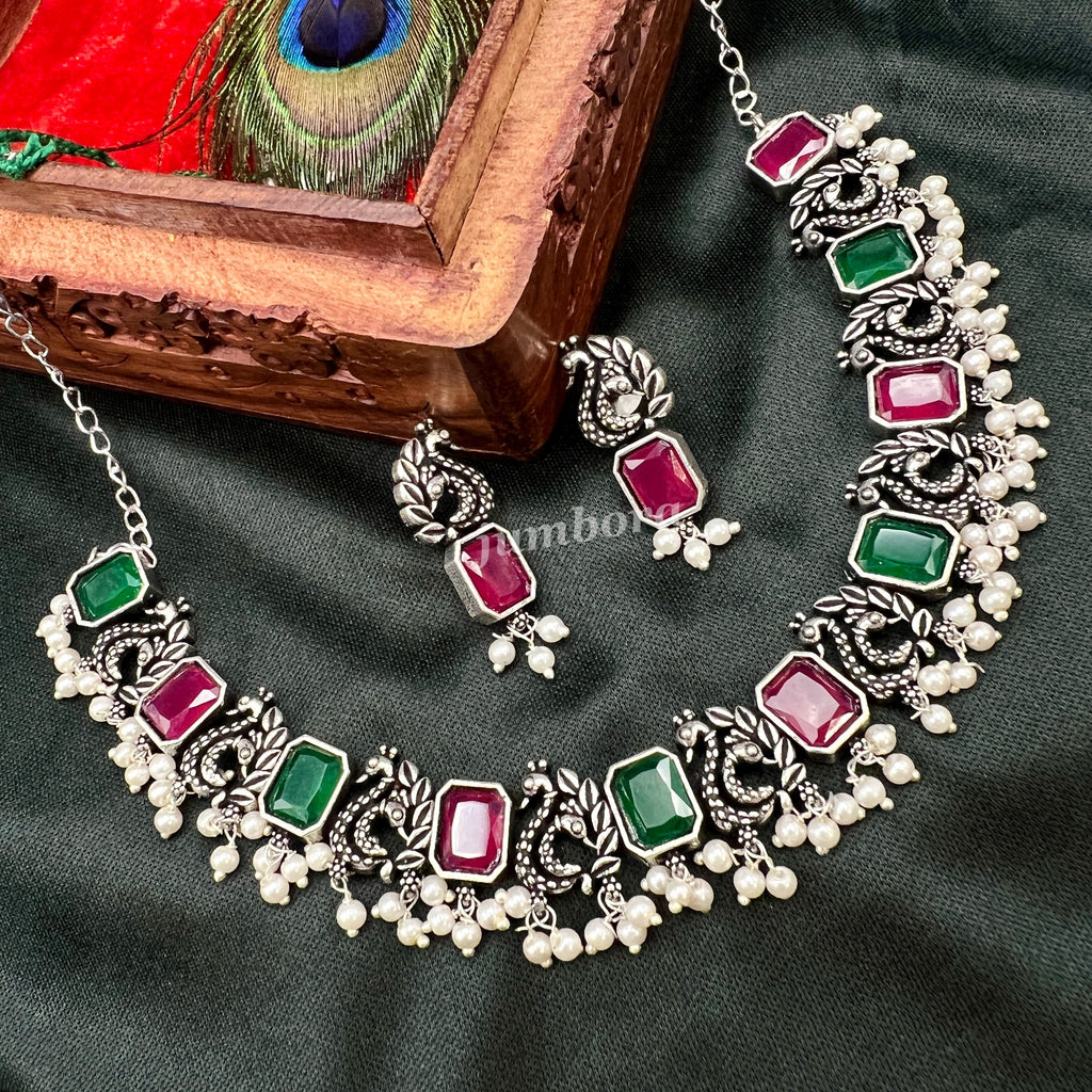 Oxidized German Silver Red and Green Stone Necklace set