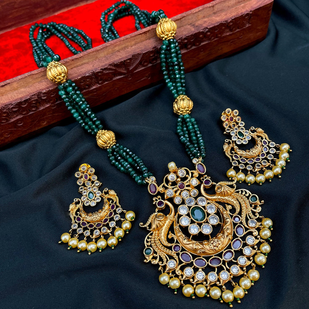 Handmade Green Agate Beads Matte Gold Big Pendant Long Necklace set